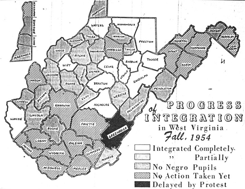 This diagram shows the progress of integration in WV counties by fall 1954. A signifigant numer of counties had made no efforts to integrate yet, including McDowell. Image obtained from the West Virginia Division of Culture and History