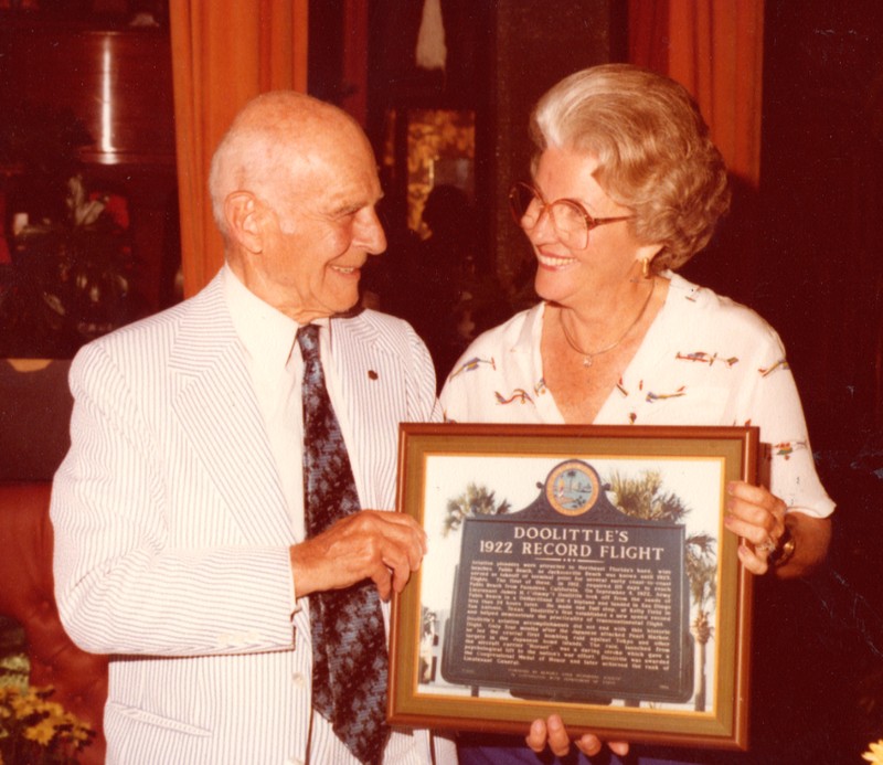 James Doolittle and Jean Haden McCormick at the dedication of his marker on September 4, 1980. McCormick was the founder of the Beaches Area Historical Society, today known as the Beaches Museum