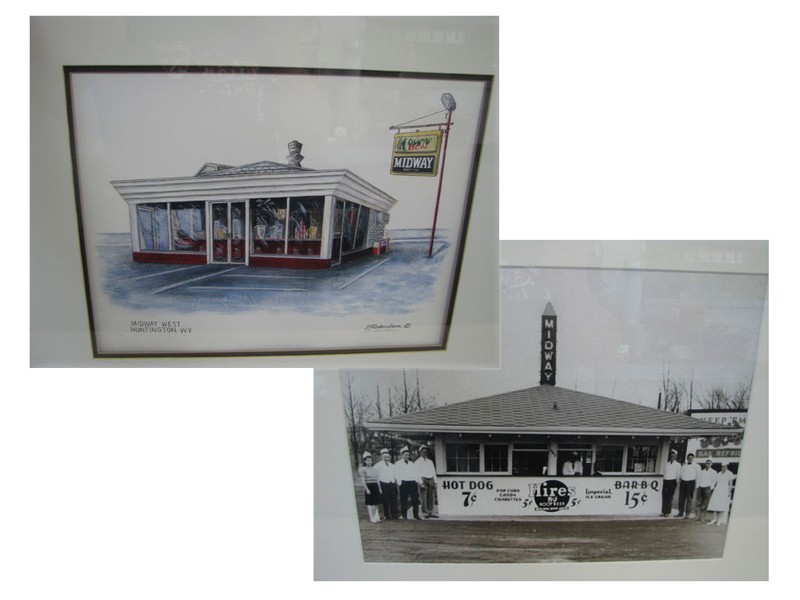 Illustration and historic photo of the drive-in 