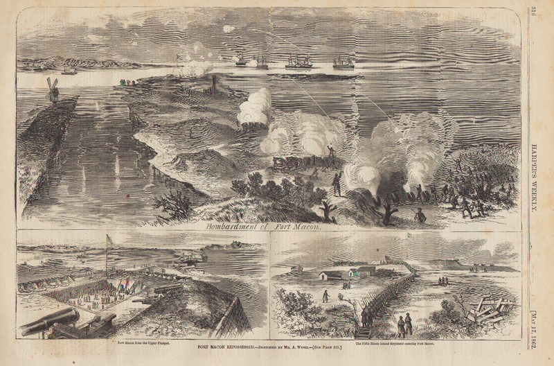 Bombardment of Fort Macon by Union forces: April 25, 1862
http://www.philaprintshop.com/ftmacon.html
A. Wiser. "Fort Macon Repossessed." From Harper's Weekly. New York, May 17, 1862. 9 x 13 3/4. Wood engraving.