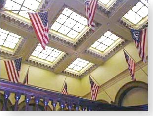 The flags illustrate the beautiful details on the ceiling of the old Butler County courthouse. 