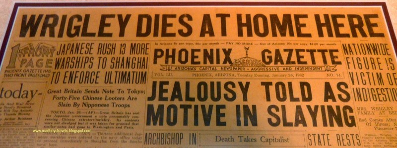 1932 Phoenix Gazette Paper announcing Wrigley's death. 
