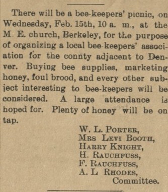 An announcement from 1893 advertising a beekeeper's picnic at a local church. Millie Booth's name can be seen on the committee list.