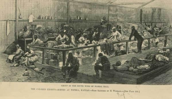 1879 drawing in Harper's Weekly depicting the living quarters of "Exodusters," the name given to African Americans who migrated to Kansas in the late nineteenth century.