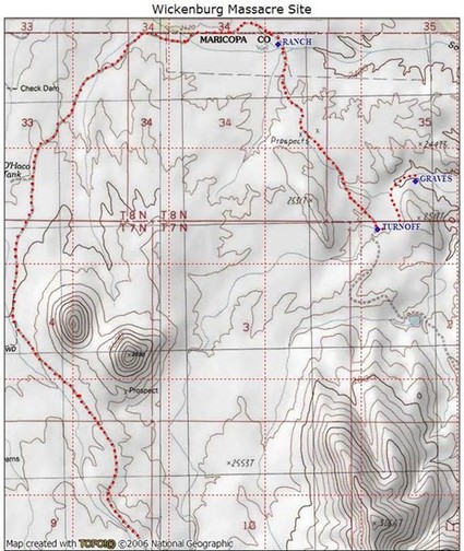 Topographical map with trail to grave site