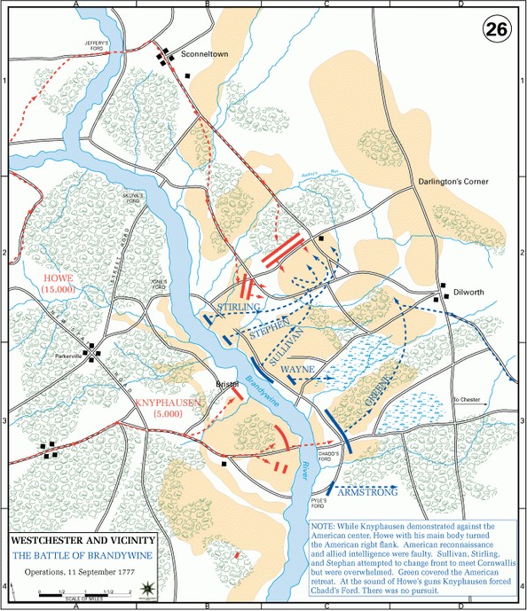 This map depicts the movements of the American and British forces. Red dashed lines show how the British were able to flank the American right by crossing the river just to the north (Washington was unaware of this ford).