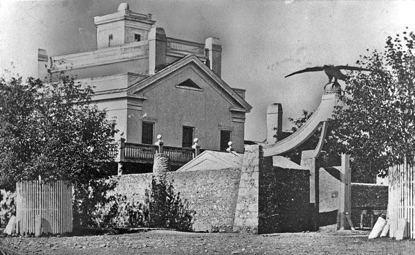 Eagle Gate Monument and Brigham Young home as seen in 1860