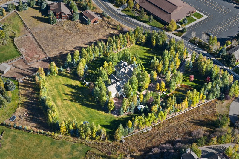 Aerial view of mansion grounds