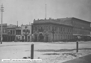 This is the earliest known photo of the Old Clock, taken between 1873-1880. The building behind the clock was the old Eagle Emporium mercantile store. Years later the building would be added onto and become Zion's First National Bank. 