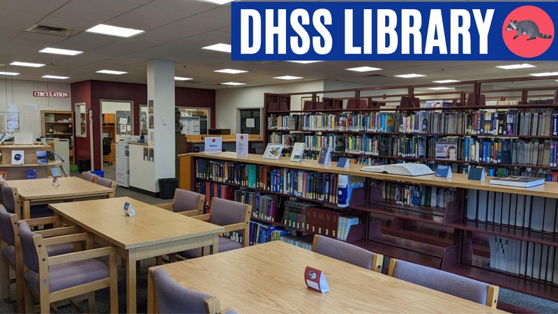 Inside the DHSS Library by their bookcases and their study tables.