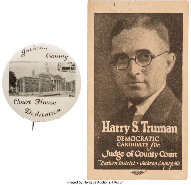 was a Judge at the eastern Jackson County courthouse. Notice the courthouse building to the left of Truman’s portrait.  This structure replaced the 1827 Log House.  It is known that President Truman worked in the Log House Courtroom