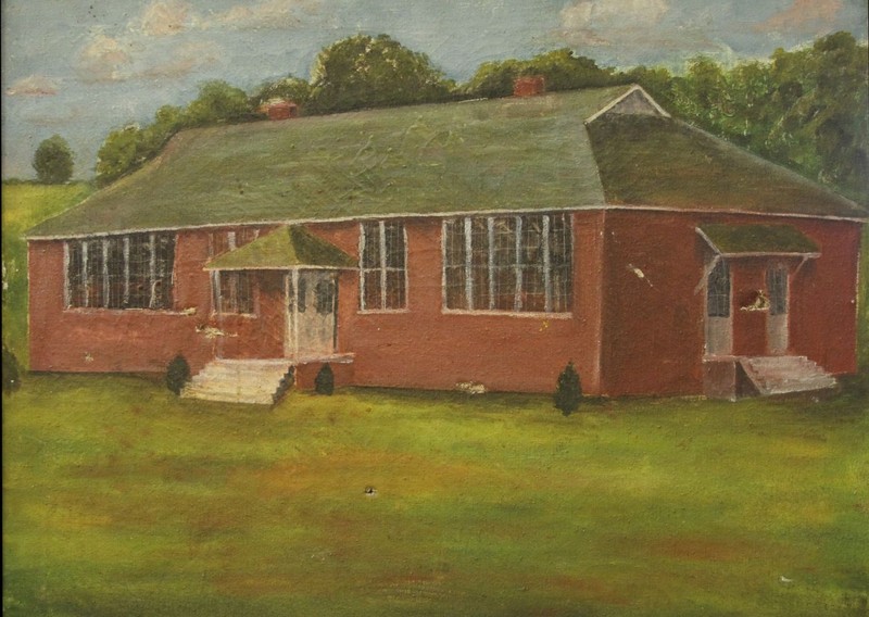 color painting of the Ecru Colored School, a red building with a green roof and white doors