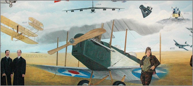 The Century of Aviation mural features pioneering North Dakota aviator Charlie Klessig in the center. 