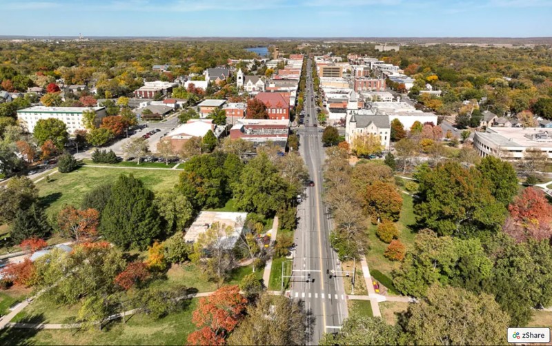 Aerial view of South Park, looking northward toward downtown Lawrence.