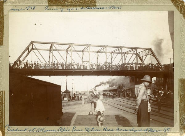 Viaduct loaded with people as Company K went off to the Spanish American War