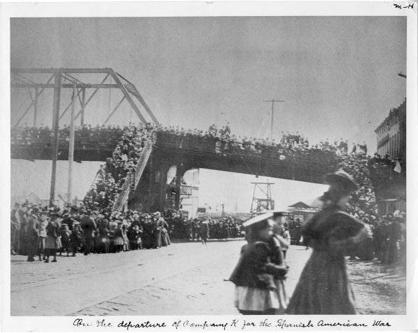 Viaduct loaded with people as Company K went off to the Spanish American War