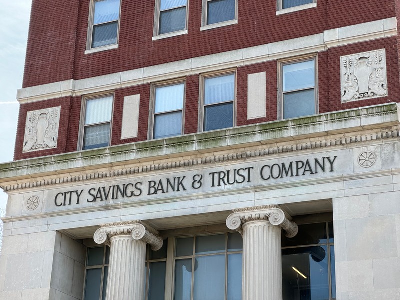 Detail of bank name and columns in City Savings Bank Building