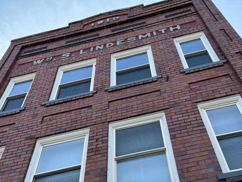 Looking up at Lindesmith Building details, 2024