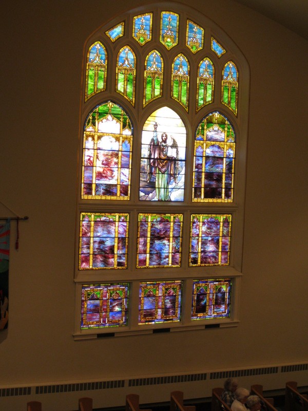 Interior view of stained glass window in First Presbyterian Church, 2011