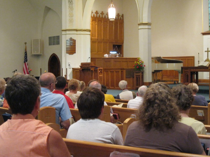 Interior view of organ in First Presbyterian Church during downtown organ walk program, 2011