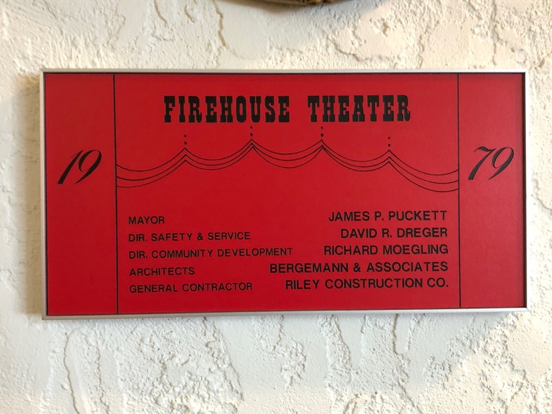 A plaque in the lobby of the Firehouse Theater commemorating the city personnel and architects at the time of the opening, 1979