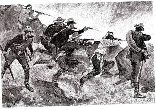 Soldiers firing down at the cave. Sketch, "Ross's Attack" by Frederic Remington, for Century Magazine, March, 1891.