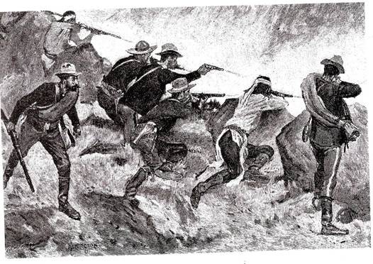 Soldiers firing down at the cave. Sketch, "Ross's Attack" by Frederic Remington, for Century Magazine, March, 1891.

 
