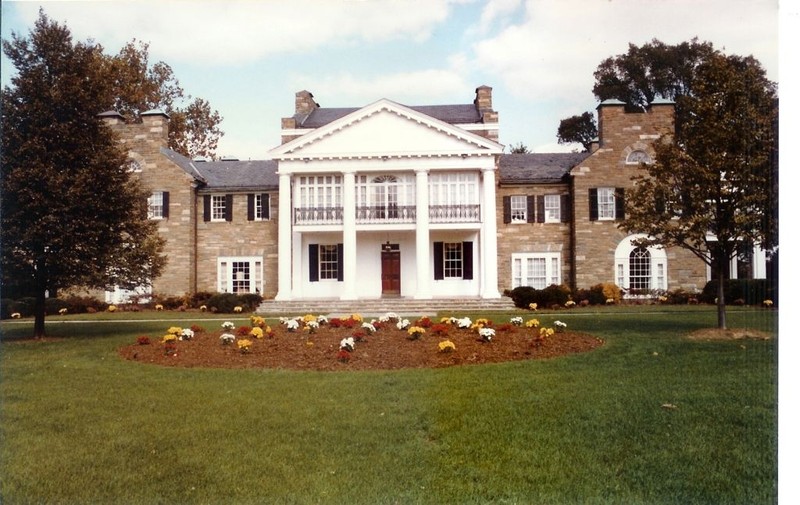 house, mansion, column, porch, balcony, grass, flower, tree, window, sky