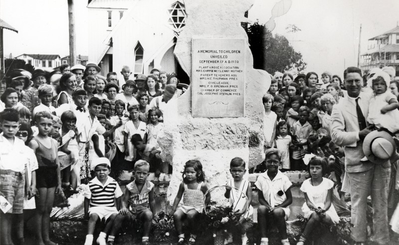 Dedication on September 17, 1932 in its original location. Colonel Stehlin is holding a baby in the foreground.