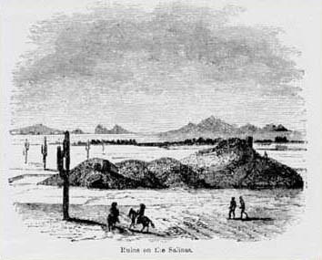 Woodcut illustration of Mesa Grande by Bartlett in the 1850s and published in his report, Ruins on the Salinas.  The Salt (Salinas) River is marked by the line of trees in the middle distance.