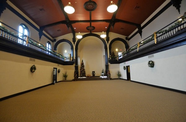 This is the main meeting hall on the upper floor, once used for Masonic Gatherings. You can still see some masonic symbols inside the building, along with stained glass that features biblical motifs from its days as a Methodist Church.