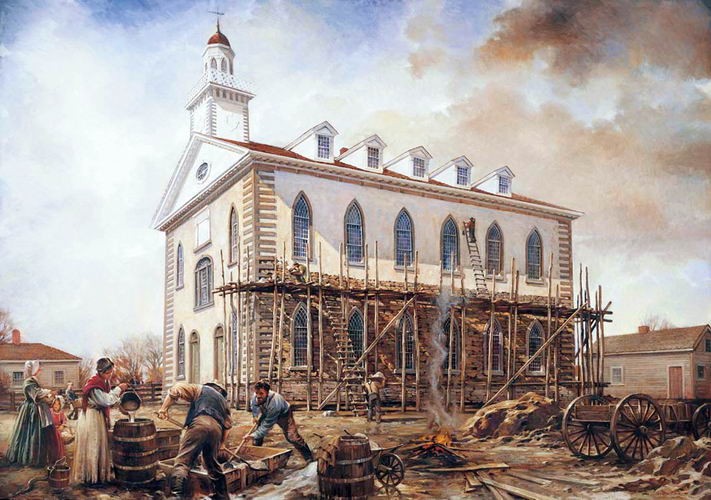 Painting depicting the construction of the temple. 