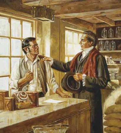 Scene depicting Joseph Smith introducing himself to Newel K. Whitney