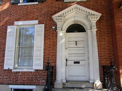 Close up of the iconic columns leading to the door.