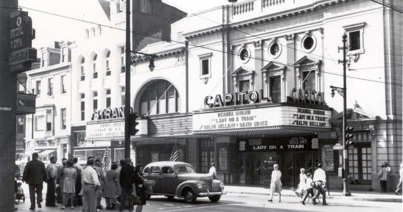 A 1945 photo of the Strand-Capitol which was showing "Lady on a Train" which starred Deanna Durbin and Ralph Bellamy.  