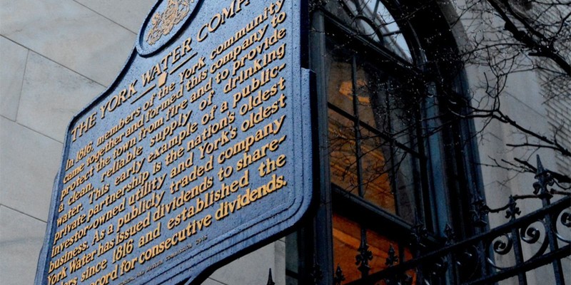 The historical marker that stands outside the York Water Company.  