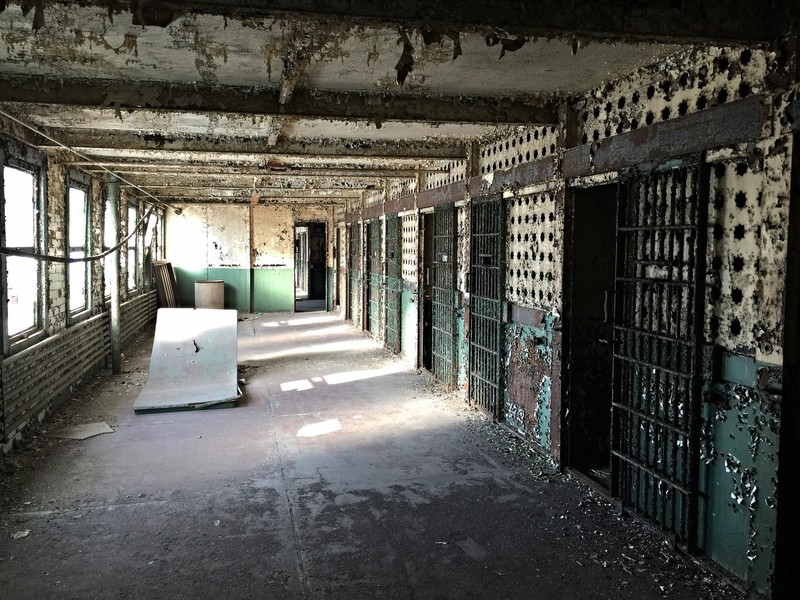 One of the dilapidated cell blocks within the prison.  