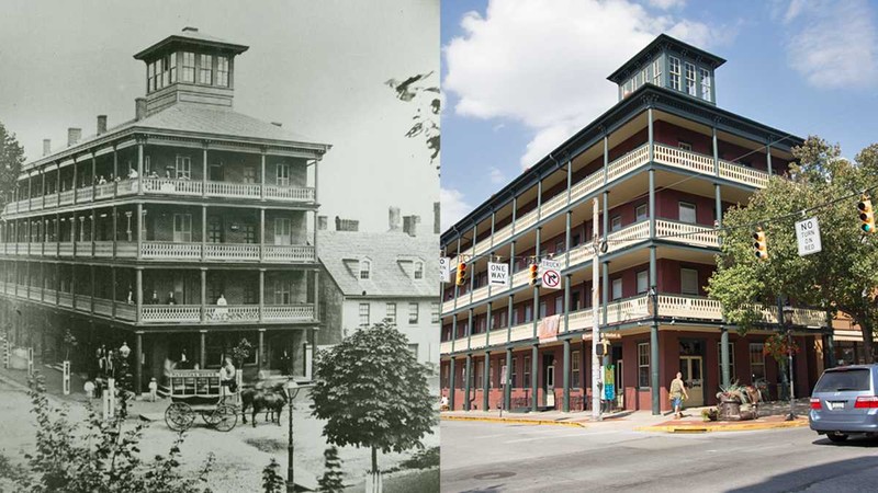 The building as it appeared in 1875 compared to the current appearance. 