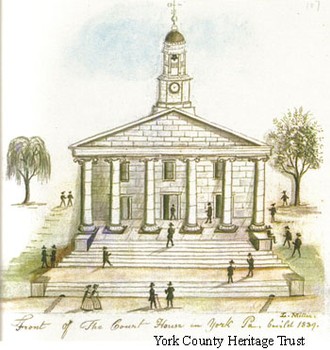 A hand drawn picture of the second courthouse.