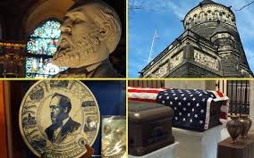 Collage of photos: Doyle's statue (UL), bas-relief image (LL), memorial (UR), POTUS, FLOTUS caskets and Lucretia and husband's urns.