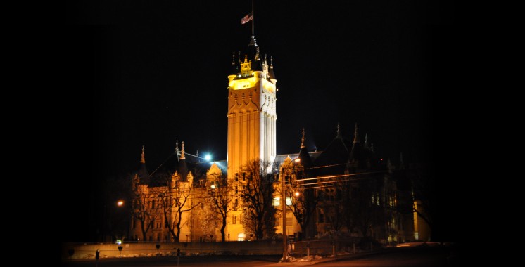 Courthouse at night.