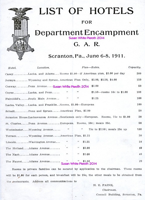 A copy of the list of hotels in Scranton that provided rooms for the 1911 National Grand Army Encampment. 