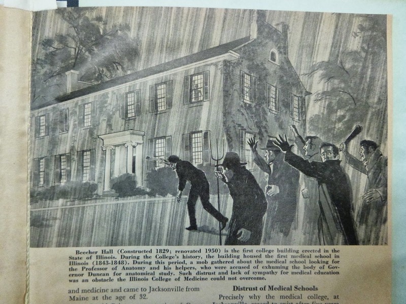 Newspaper Caption: 
"...A mob gathered about the medical school looking for the Professor of Anatomy and his helpers, who were accused of exhuming the body of Governor Duncan for anatomical study." 
Newspaper Clipping from IC Time Capsule