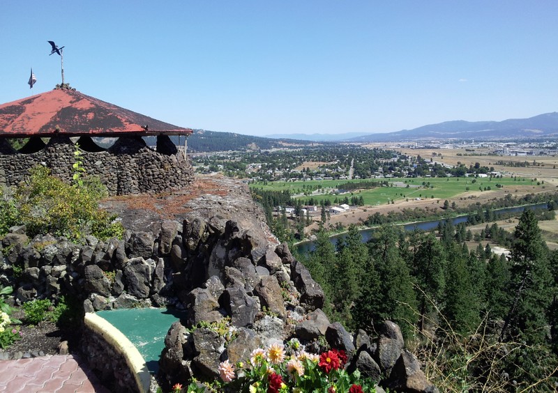 Gazebo with panoramic view in the background.