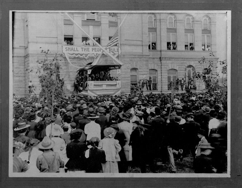 Presidential candidate and popular orator William Jennings Bryan delivering a speech, likely during the 1908 election. The courthouse has been a popular rallying spot for presidential candidates and other politicians visiting Huntington. Image courtesy of