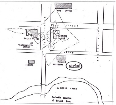 Sketch of modern day historic Waterford and approximate location of fort