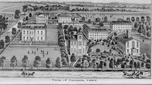 Rendering of Edinboro University in 1882. Academy Hall is on the front right of the drawing. 