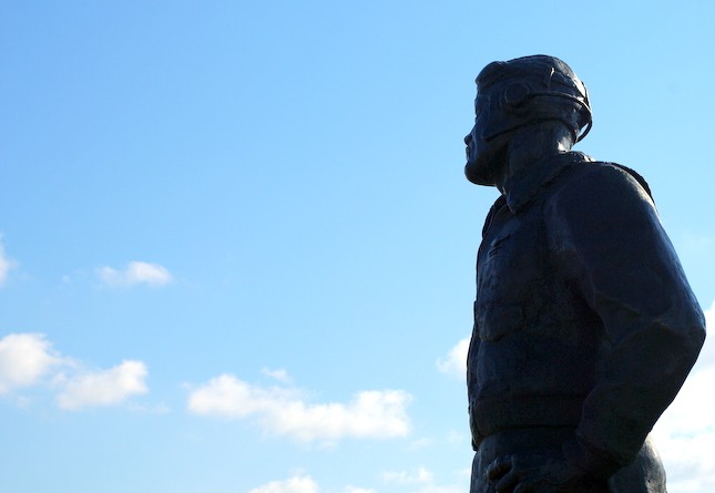 The Pappy Boyington statue, still looking toward the sky.