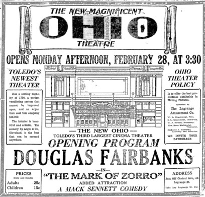 1921 program from the Ohio Theatre's Grand Opening advertising the first film to be played there, The Mask of Zorro