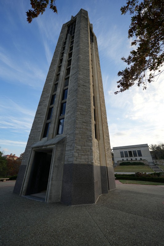 The Campanile with Spencer Research Library in the background